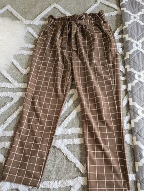 Soho Apparel Brown Windowpane Paperbag Waist Pants